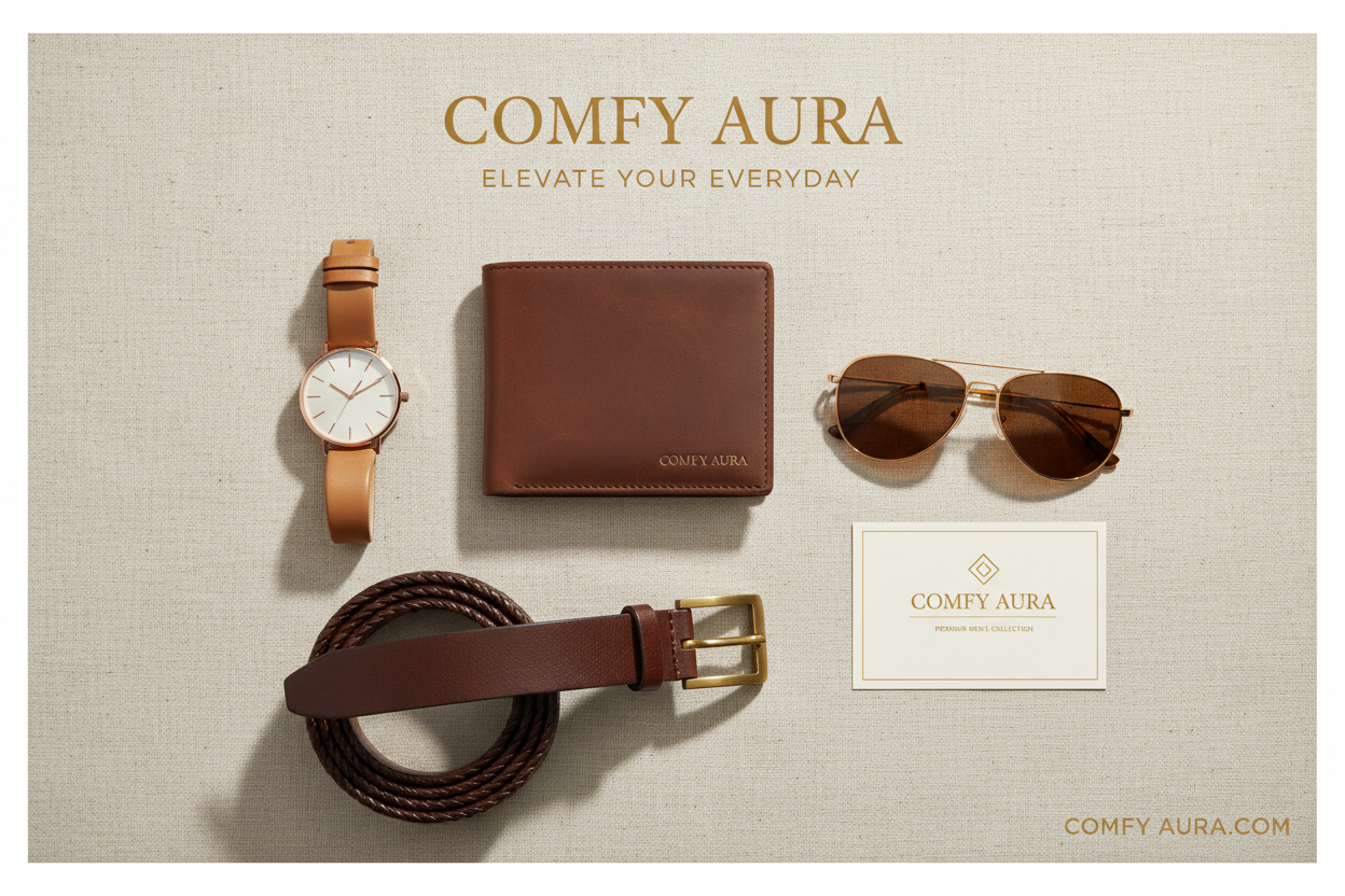 Men's accessories collection – leather wallet, watch, belt and sunglasses flat lay | COMFY AURA
